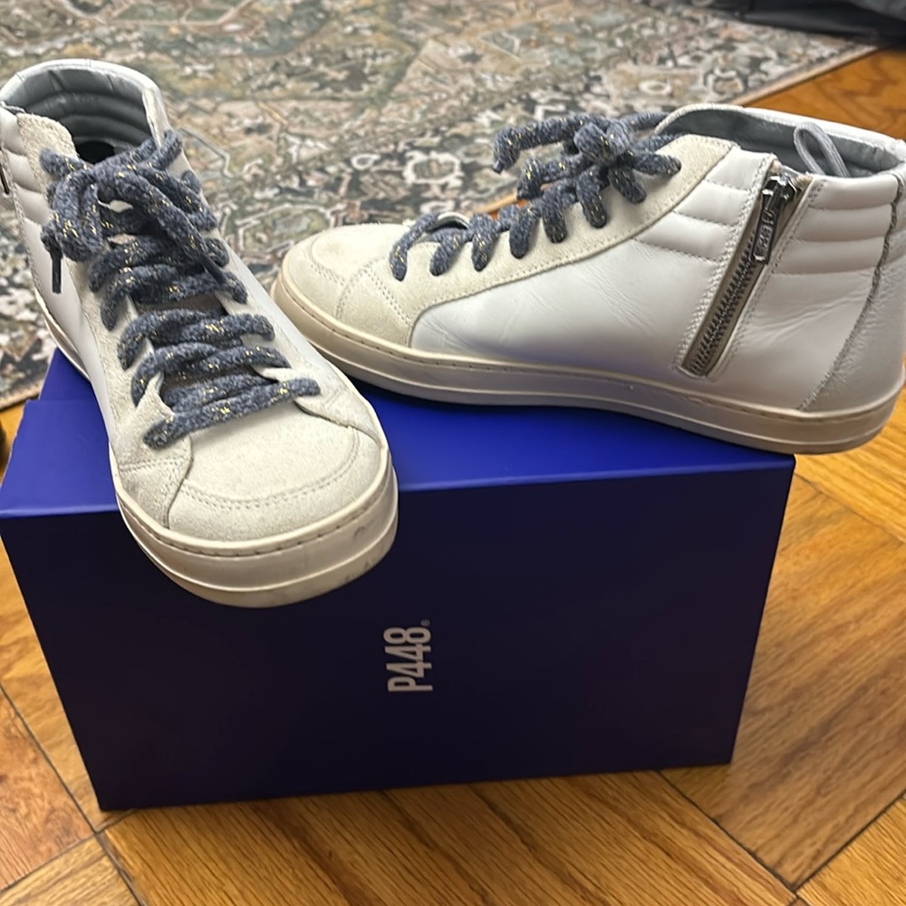 P448 White High-Top Sneakers with Blue Glitter Laces